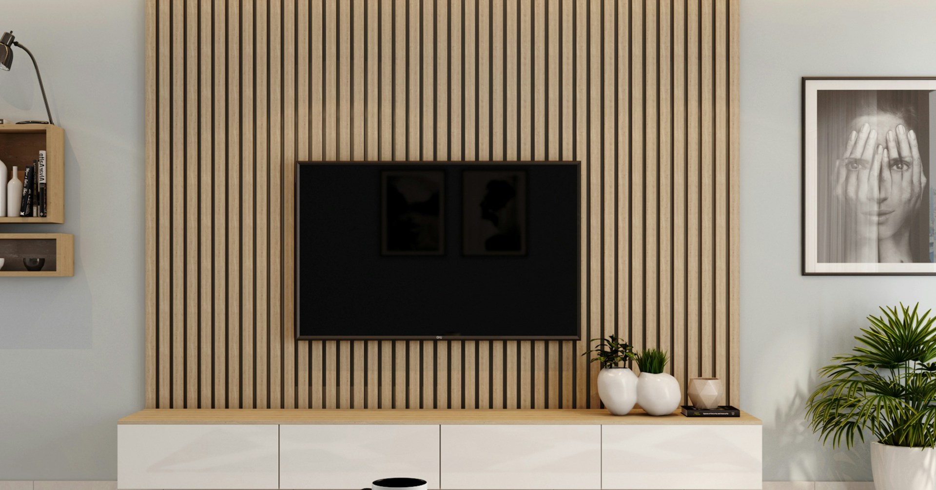 Built-in TV backdrop wall panel with integrated shelving and mood lighting, Prime Finish